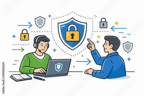 Team of it experts ensuring secure network connection and information privacy