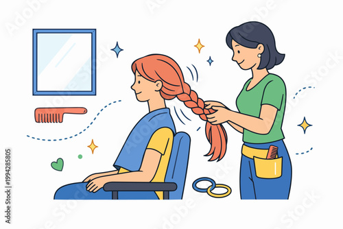 Hairdresser braiding a client's long, red hair in a salon for beauty and styling