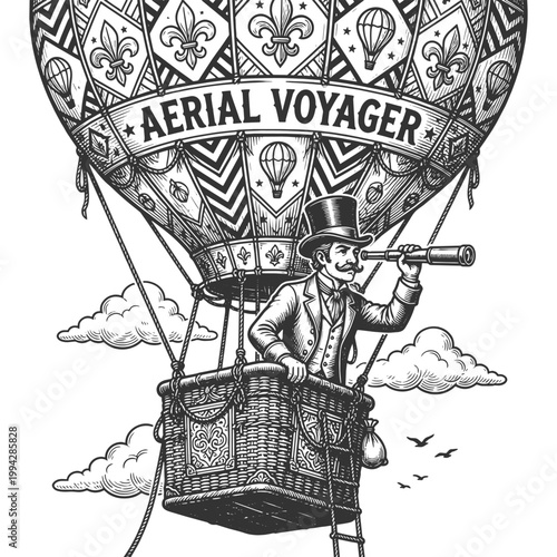 gentleman in a hot air balloon labeled aerial voyager, exploring the sky with telescope in classic adventure style sketch engraving generative ai vector illustration. Scratch board. Black and white.