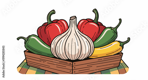 Vibrant illustration of a wooden crate brimming with fresh red bell peppers, green jalapeños, and a yellow chili