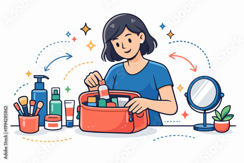 Woman packing toiletries and beauty products into a travel bag for a trip