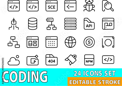 Programming icons collection displays clean black line art on a crisp white backdrop, featuring essential development symbols for coding projects that require professional and modern digital graphics.