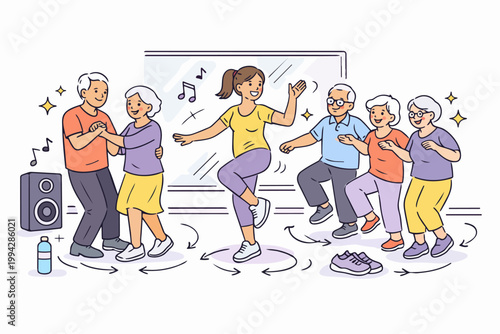 Seniors enjoying dancing in a fitness class with instructor for active aging