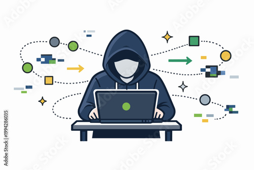 Hacker working on laptop, stealing data and breaking cybersecurity network