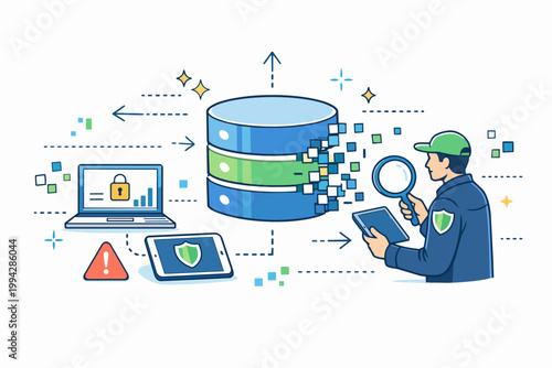 Cyber security expert monitoring data integrity and protecting database server
