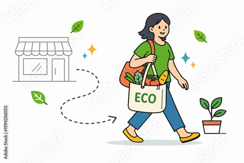 Woman carrying reusable eco bag with groceries promoting sustainable lifestyle