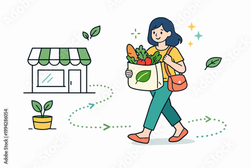 Woman shopping for organic produce with reusable bag promoting sustainable living