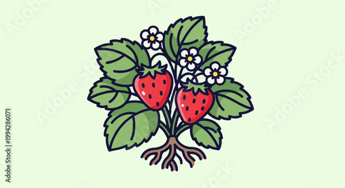 Vibrant illustration of a strawberry plant with two red fruits and delicate white flowers
