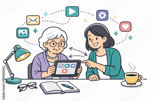 Senior woman learning digital literacy from young mentor on a tablet computer