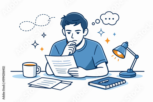 Person studying documents, thinking and concentrating at desk for work or learning