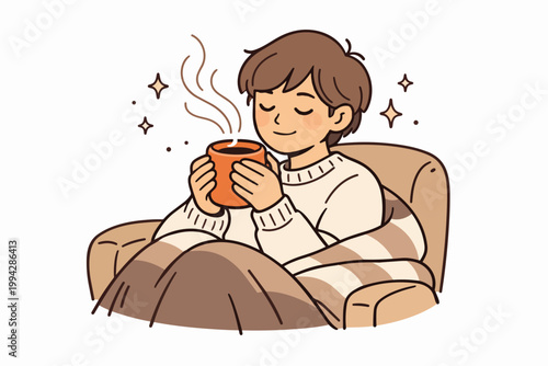 Person enjoying warm beverage in cozy armchair, feeling comfort and relaxation