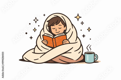Cozy person reading a book while wrapped in a blanket enjoying hot drink
