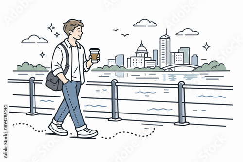 Man walking along waterfront with coffee enjoying city skyline view