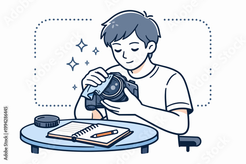 Young man cleaning camera lens with cloth. Photography hobby, camera maintenance