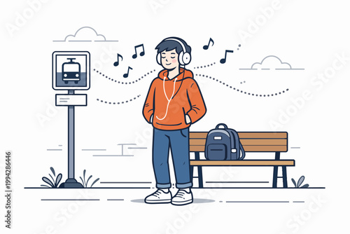 Young man listening music with headphones, waiting at bus stop