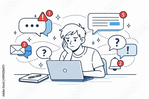 Young man experiencing digital overload, bombarded by notifications and information