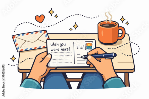 Person writing postcard, sending wishes from travel, a warm coffee on table