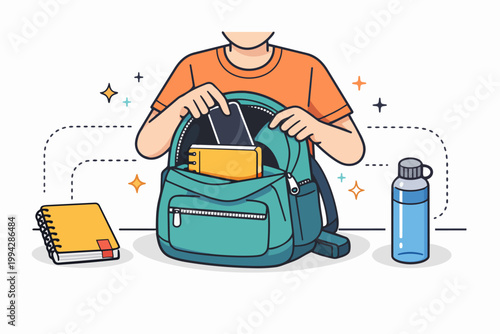 Person preparing a backpack for school, filling it with education essentials