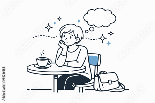 Person taking a break at cafe, thinking, reflecting, having a creative idea
