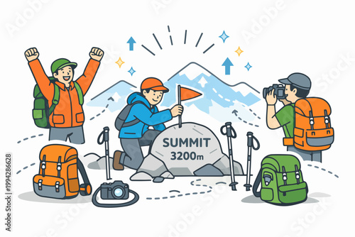 Hikers reaching mountain summit, celebrating goal achievement and success in adventure