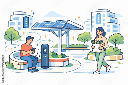 People living in a sustainable smart city powered by solar energy
