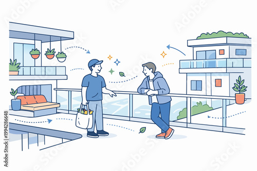 Neighbor meeting on balcony discussing sustainable living and community activities