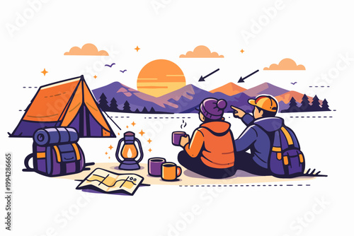 Campers enjoying mountain sunset view, exploring nature and outdoor lifestyle