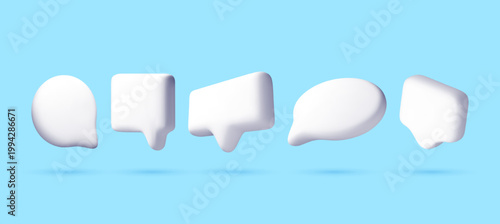 Collection of white 3d chat bubble icons on blue background. Speech balloon set for social media message, communication and online notification. Vector illustration