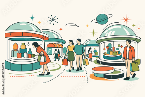 People shopping in a retro-futuristic mall with dome-shaped storefronts