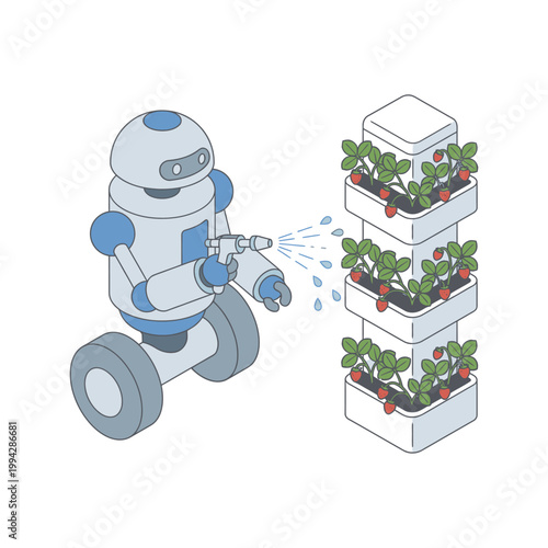 Robot tending to vertical strawberry garden with hose. Suitable for technology, gardening, agriculture, futuristic concepts, and automated watering systems.