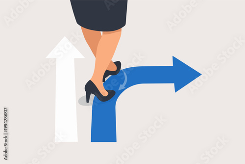 Woman standing on an arrow splitting into two different directions, choosing a new path and making a critical decision