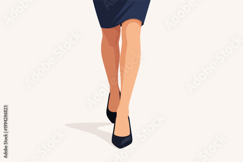 Elegant business woman walking forward in stylish black high heels and corporate skirt, showing progress and determination