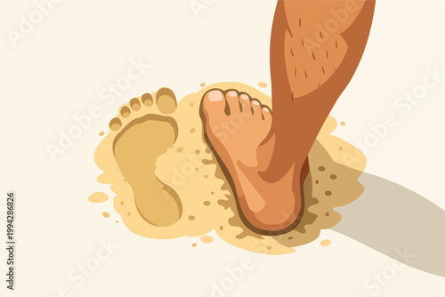 Person's leg with bare foot pressing into wet sand, creating a visible footprint during a sunny beach walk