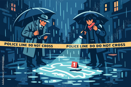 Detectives investigating crime scene at night, shining flashlight on chalk outline in the rain