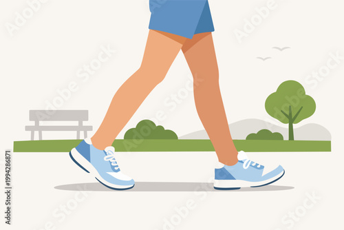 Person's legs moving, walking in a park for exercise. Promotes healthy lifestyle, fitness, and well-being