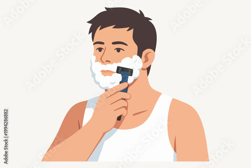 Man applying shaving foam, using a safety razor to remove stubble and beard, performing daily self-care