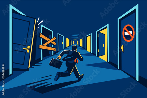 Businessman running holding a briefcase in a dark hallway, navigating career paths with open, closed, and blocked doors