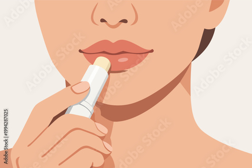 Woman applying lip balm for lip care, moisturizing and protecting dry or chapped lips, beauty and hygiene concept