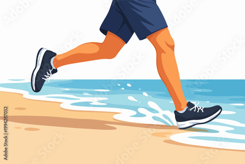 Runner with athletic footwear moving along the sand and water's edge, enjoying an active coastal lifestyle