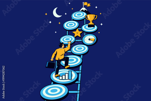 Businessman climbing a ladder of target steps toward a mountain peak with a trophy, representing career success and goal achievement
