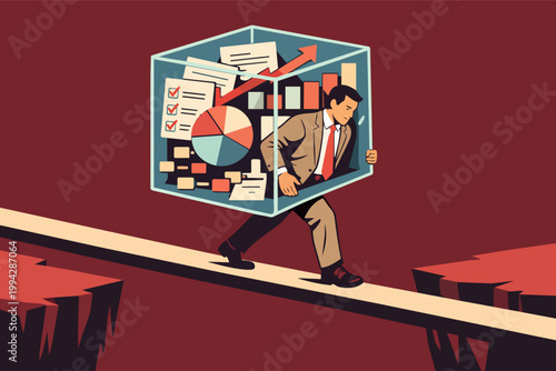 Businessman carrying a heavy data box across a tightrope, symbolizing risk, responsibility, and challenging project management