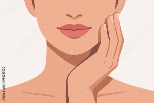 Young woman gently touches her cheek, showcasing smooth, glowing, healthy skin after skincare routine and treatment results