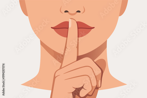 Close-up of woman with finger over lips, embodying notions of silence, secrecy, privacy, and discretion