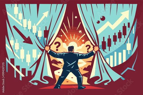 Businessman opening curtains to unknown financial future with stock market trends and question marks