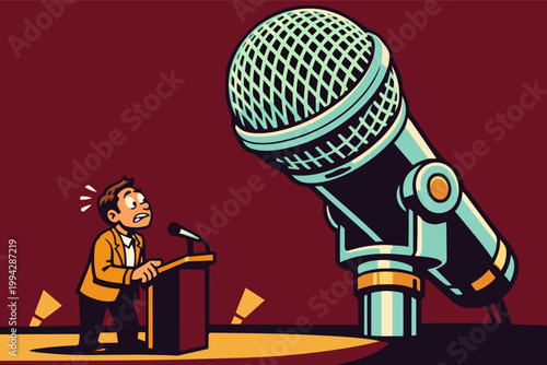 Speaker on stage feeling nervous and anxious, facing an intimidating oversized microphone, representing fear of public speaking