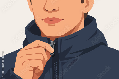 Man closing his blue jacket zipper, bringing the puller up to his chin for warmth and comfort, vector illustration design
