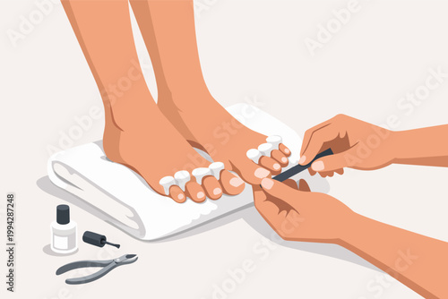 Professional pedicure service treating feet for beauty and wellness, filing nails in a spa salon