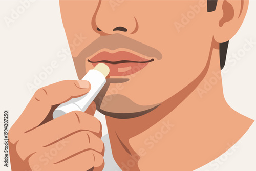 Man applying lip balm, moisturizing chapped lips. Concept of skincare, beauty, grooming, and personal hygiene