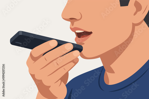 Person speaking into smartphone, activating voice command for virtual assistant or speech recognition software