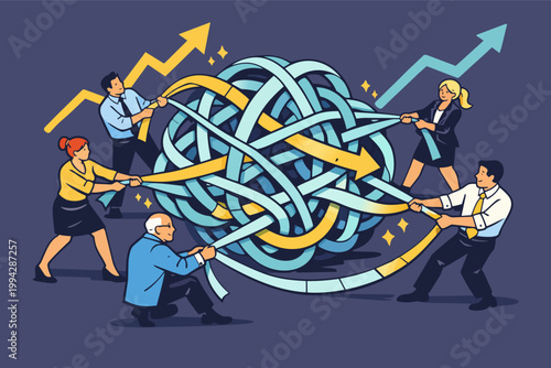 Business team untangling complex problems, working together on strategies for growth and success